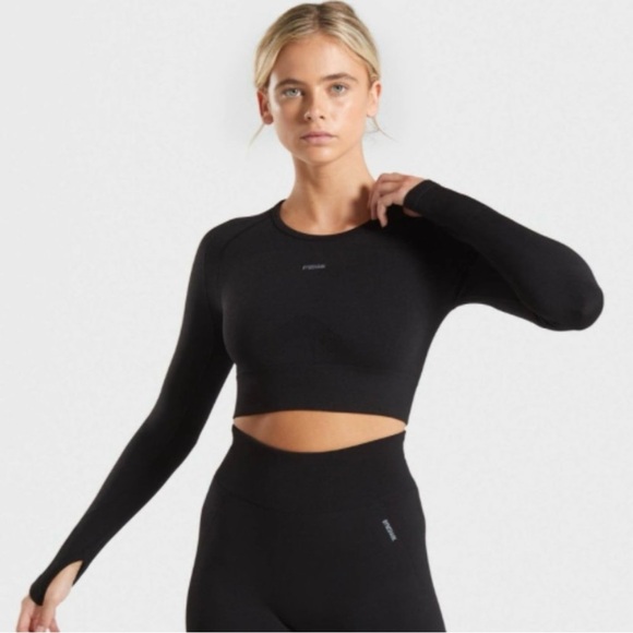 Gymshark Flex Long Sleeve Crop Top Black Cutout Back Women’s Size M - Picture 2 of 9